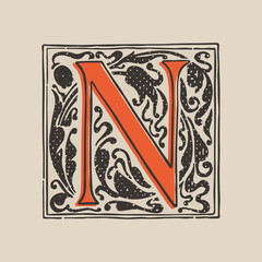 N letter drop cap logo in medieval engraving style. Blackletter square initial.