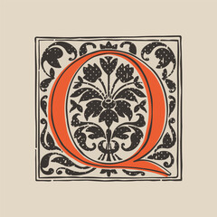 Q letter drop cap logo in medieval engraving style. Blackletter square initial.