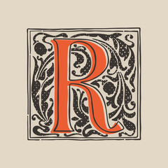 R letter drop cap logo in medieval engraving style. Blackletter square initial.