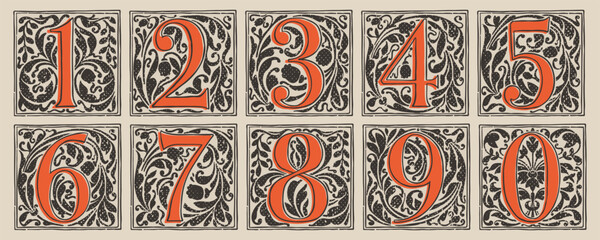 Numbers set drop cap logos in medieval engraving style. Blackletter square initials.