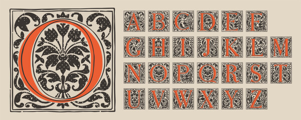 Drop caps alphabet in medieval engraving style. Blackletter square initials. - obrazy, fototapety, plakaty