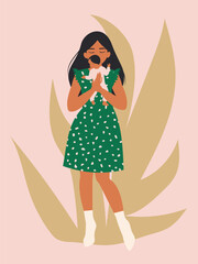 Happy Mother's Day greeting card. Fashionable slim woman in full growth with a small child in her arms is happy in a green dress. Vector.