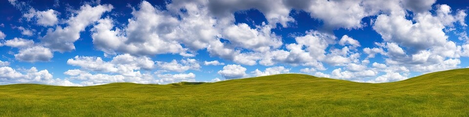 Green grassy field and blue skies with puffy white clouds. Panoramic landscape