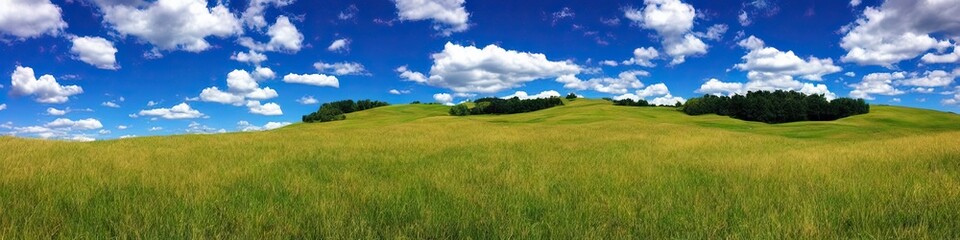 Obraz premium Green grassy field and blue skies with puffy white clouds. Panoramic landscape