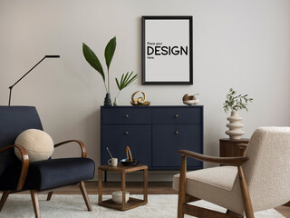 Creative interior with mock up poster, navy commode, armchair and personal accessories. Template. 