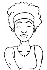 Athletic dark-skinned woman with afro hair and bandana in outlines for coloring, Vector illustration