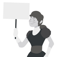 Woman protesting with a banner in retro black and white style, Vector illustration