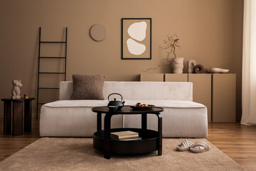 Warm and cozy living room interior with mock up poster frame, modular sofa, black coffee table, ladder, beige rug, vase with branch, sculpture, slippers and personal accessories. Home decor. Template.