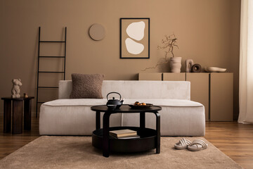 Warm and cozy living room interior with mock up poster frame, modular sofa, black coffee table,...