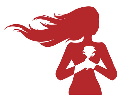 recommend clip art: Red silhouette of woman with long hair holding a rose, Vector illustration