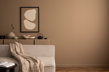 Minimalist composition of aesthetic living room interior with mock up poster frame, copy space,...