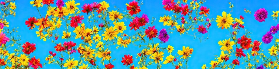 Fototapeta na wymiar Colorful floral field panoramic outdoor landscape image by generative AI