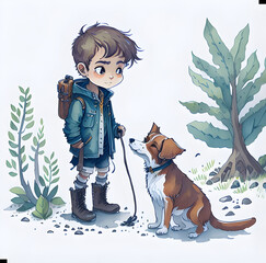 A cute boy exploring the world with his cute little dog created with Generative AI 