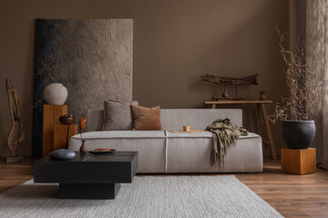 Interior design of wabi sabi living room interior with mock up poster frame, modular sofa, gray...