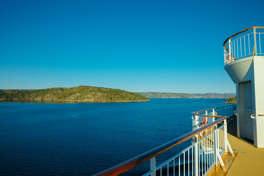 Norwegian fjord photographed from a cruise ship. island in Scandinavia. Cruise to Norway and Sweden from Germany.