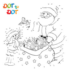 Connect The Dots and Draw Santa Claus, rabbit and birds with Christmas gifts.