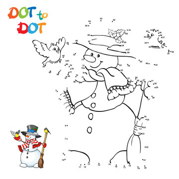 Connect The Dots and Draw Cute Cartoon snowman. Educational Game for Kids. Vector Illustration.