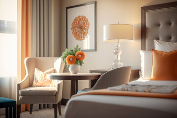 Fototapeta premium Hotel room modern design apartment bedroom interior, Generative AI