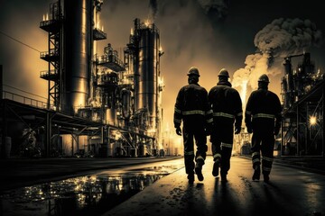 Industrial workers at oil and gas produsction site, made with generated ai