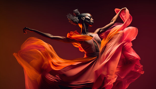 Woman dancing in red flowing dress and orange ethereal energy flowing from her. Generative Ai.