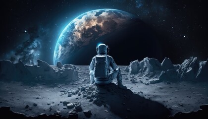 Astronaut sitting on the moon looking at earth, made with generated ai