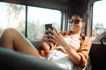 Black woman, phone and road trip in van vacation, holiday or summer trip. Relax, travel and female...