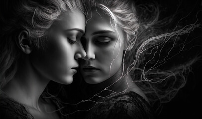 2 women with their eyes closed touching cheek to cheek  in black and white close up portrait. Generative Ai.