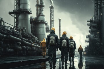 Idustrial workers at petrochemical and offshore site, made with generated ai