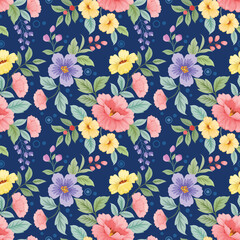 Beautiful blooming flowers on blue color background seamless pattern. Can be used for fabric textile wallpaper.