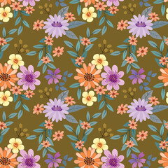 Cute colorful flowers on brown color background seamless pattern.