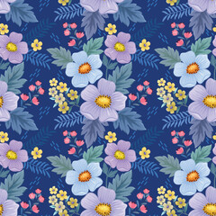 Fototapeta na wymiar Beautiful blooming flowers on blue color background seamless pattern. Can be used for fabric textile wallpaper.
