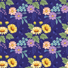 Beautiful blooming flowers on blue color background seamless pattern. Can be used for fabric textile wallpaper.