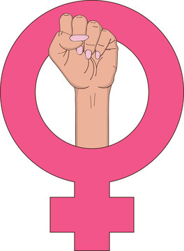 Feminism symbol with female fist raised up. Girl Power concept. Symbol of feminist movement with hand-drawn girl's fist gesture.