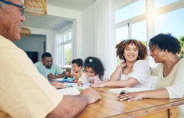 Senior family talking, bonding and teaching children for home education, holiday fun and happy conversation. Biracial people or grandparents chat or having discussion of kids learning development