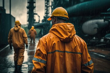 Idustrial workers at petrochemical and offshore site, made with generated ai