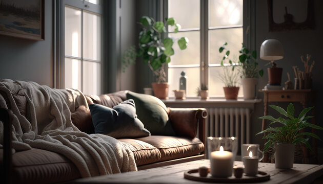 Spring vibes and cozy living room interior design illustration created using generative AI.