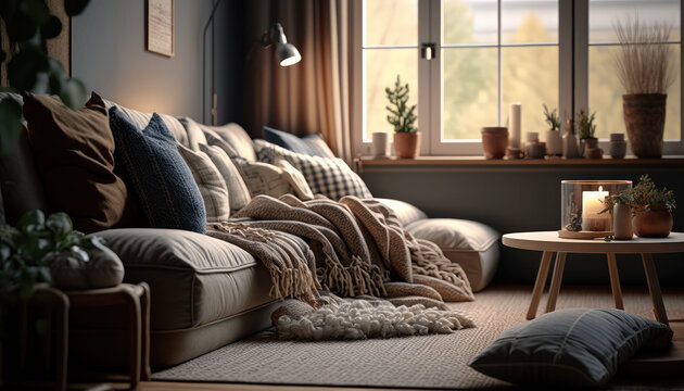 Spring vibes and cozy living room interior design illustration created using generative AI.