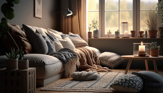 Spring vibes and cozy living room interior design illustration created using generative AI.
