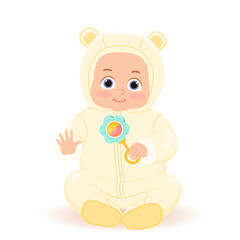 Cute baby sitting and hold teething toy. Flat vector cartoon design