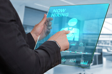 Business, Technology, Internet and network concept. NOW HIRING inscription, modern technology...