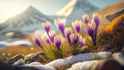 Spring awakening landscape with first purple crocus flowers on the snow at early morning sunrise sunlight. Generated AI. - 579737310
