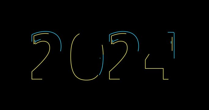 Blue and yellow illuminate digits 2024 new year design with neon glow. Abstract cosmic vibrant color backdrop. Glowing neon Congratulation Happy New Year 2024. Futuristic style loop footage.
