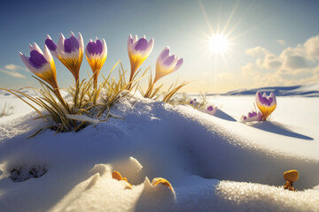Spring awakening landscape with first purple crocus flowers on the snow at early morning sunrise sunlight. Generated AI. - 579737524