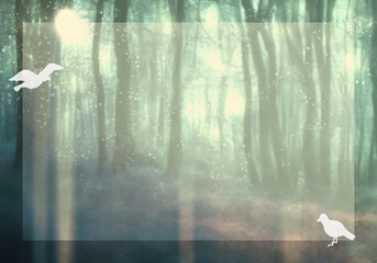 神秘的な明るい森と白い鳥テキストエリア付き背景（グリーン）