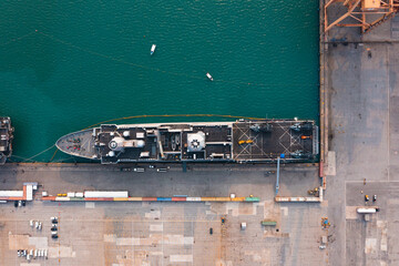 Aerial top view of USS John P. Murtha (LPD-26) San Antonio-class amphibious transport dock ship of...