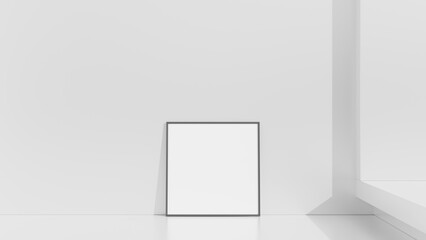 Frame mockup on white wall. Poster mockup. Clean, modern, minimal frame. Empty frame Indoor interior, show text or product