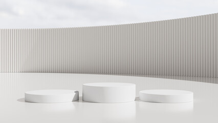Realistic 3D white cylinder stand podium with white and blue sky background. Abstract studio room with geometric platform design. Minimal wall scene for products showcase, Promotion display.
