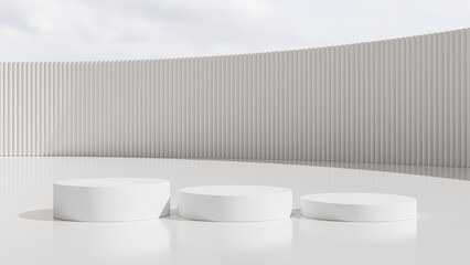 Realistic 3D white cylinder stand podium with white and blue sky background. Abstract studio room with geometric platform design. Minimal wall scene for products showcase, Promotion display.