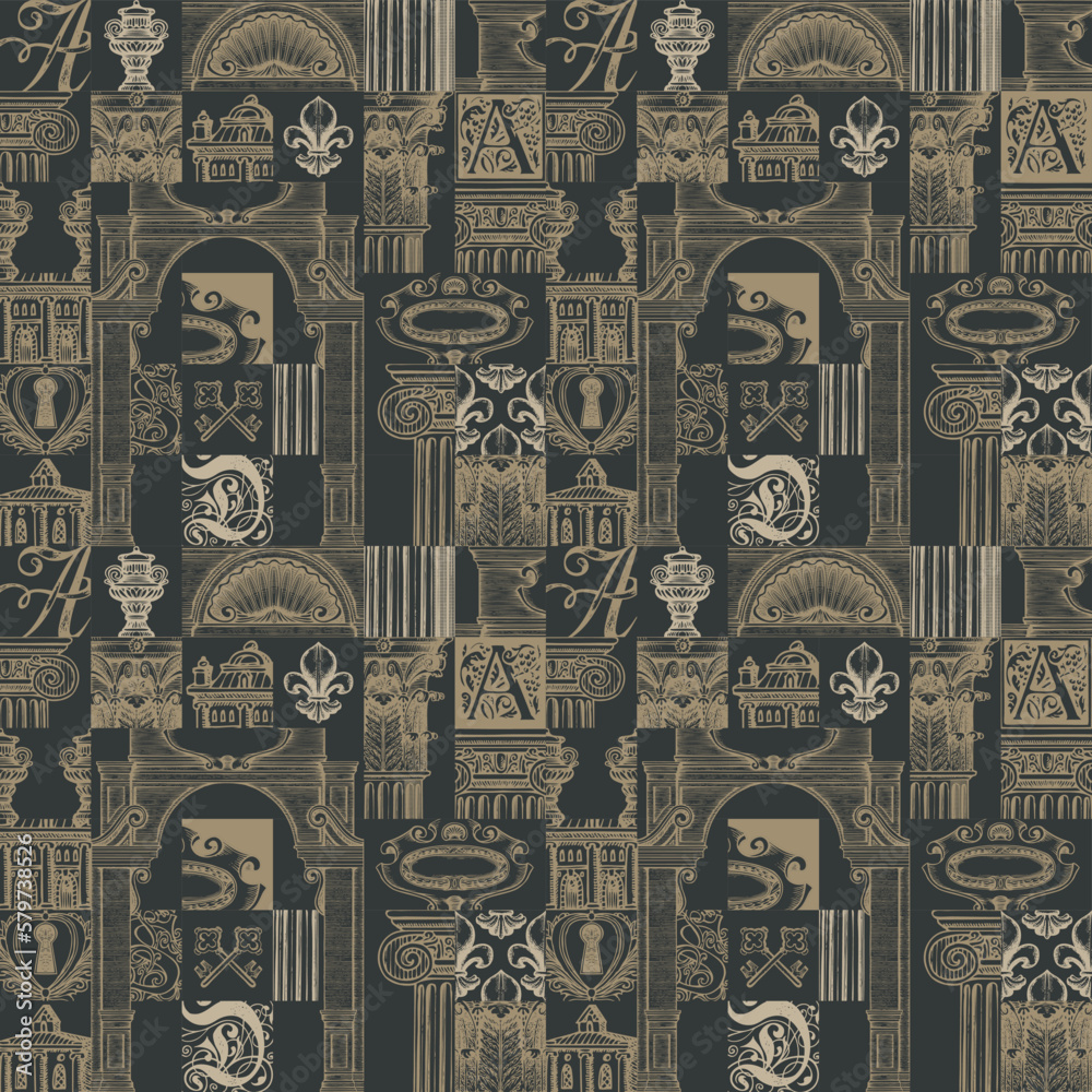 Poster abstract seamless pattern on theme of medieval architecture and art. vector background with colored 