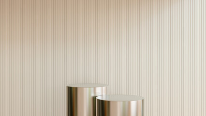 Metal pedestal of platform display with luxury stand podium on room background. Blank Exhibition or empty product shelf.